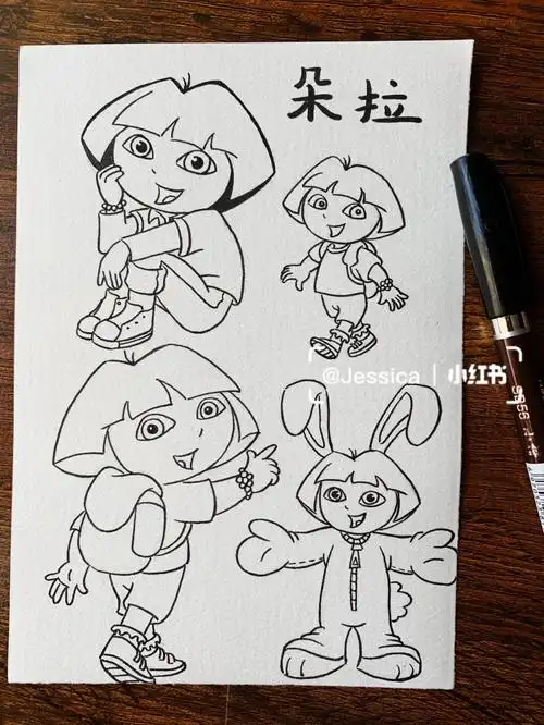爱探险的朵拉手绘素材简笔画临摹练习线稿图