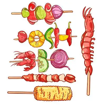 卡通元宵节汤圆元素gif动态图烧烤串串香肉串丸子组合插画素材淡蓝色