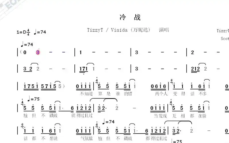【网络热歌】冷战--tizzyt / vinida (万妮达)演唱--动态简谱