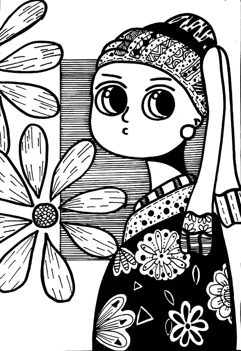 创意美术 #线描 #黑白装饰画 #戴珍珠耳环的少女  - 抖音