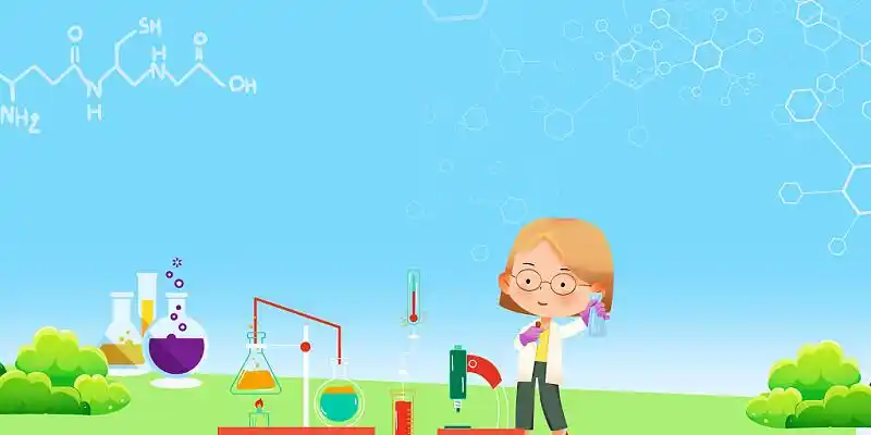 蓝色简约大气科学家实验器材分子人物科学实验展板背景