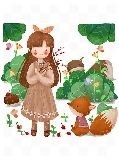 手绘卡通可爱女孩和森林动物狐狸