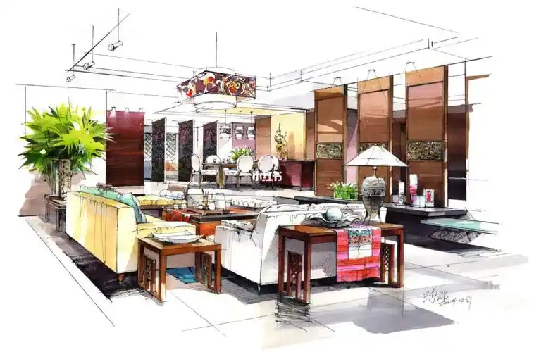 名家手绘效果图100例-【57】中式客厅设计