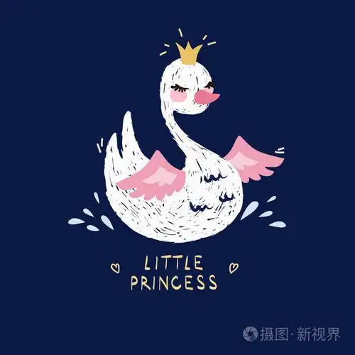 可爱的小公主天鹅在黑暗的背景.卡通手绘矢量插画