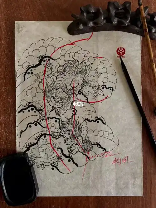 辟邪,招财, #福狮半甲手稿设计  #老传统半甲设计  #私人订制纹身设计