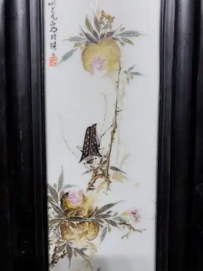 李明亮作品黑檀木镶瓷板画虫草纹饰四条挂屏n高