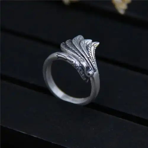 银琪银饰 s999足银精雕凤凰戒指 泰银民族风复古开口女款孔雀指环