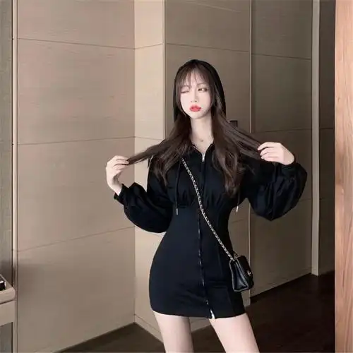 实拍 实价 连帽收腰包臀卫衣连衣裙