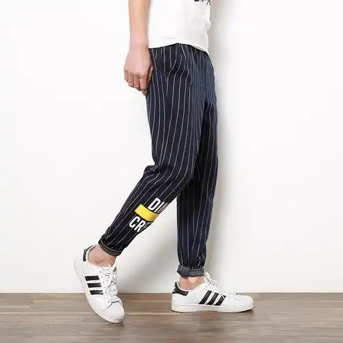 小脚条纹低裆垮裤男裤子