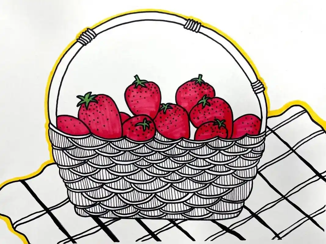 5-7岁一筐草莓|儿童线描画 草莓篮筐线描 附加黑白画稿在后一张 材料