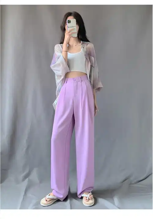 实拍小个子阔腿裤垂感女2021夏冰丝薄款高腰拖地裤显高直筒西装裤