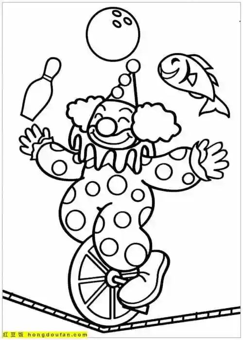 10张可以免费打印的小丑表演卡通涂色简笔画-红豆饭小学生简笔画大全