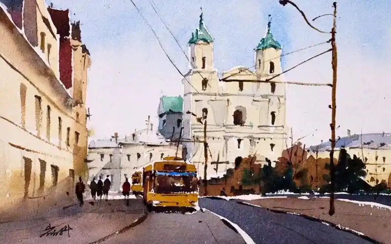 水彩街景,格罗德诺大街的公交车,水彩&过程