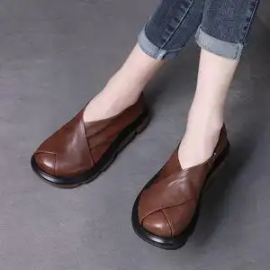 真皮女鞋厚底松糕鞋2021春季新款头层牛皮单鞋女大圆头娃娃鞋中跟