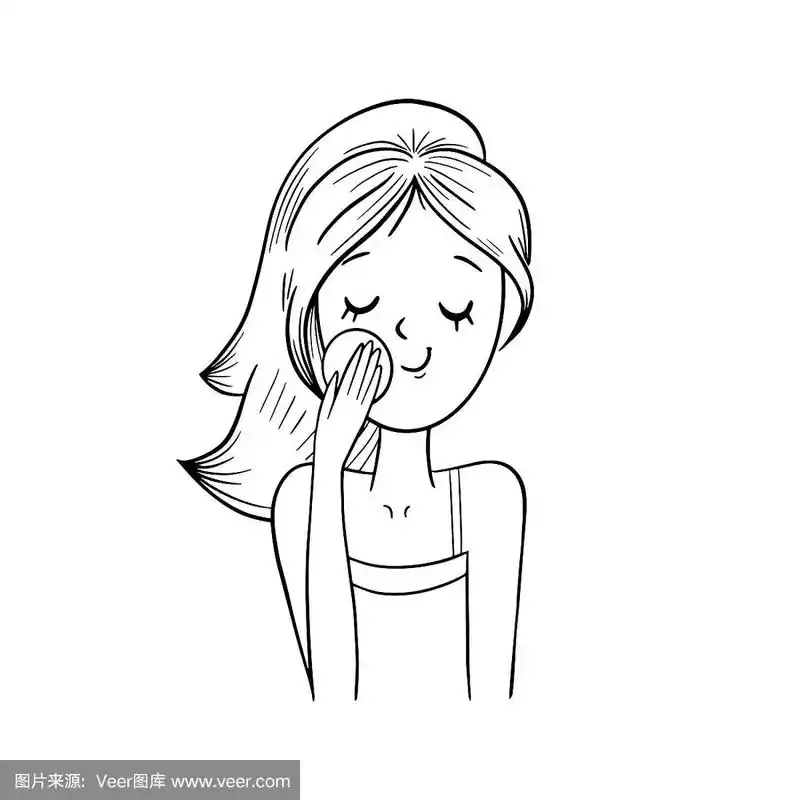 插图漂亮的女孩做美容治疗.黑白矢量插图.女孩正在清洁她的皮肤.