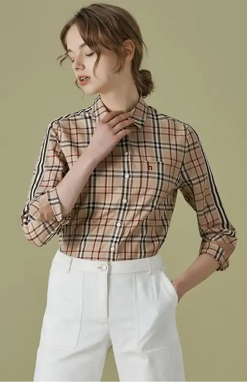 hazzys/哈吉斯 春季新款衬衫女简约细格纹英伦女士长袖衬衫ascsk19ak