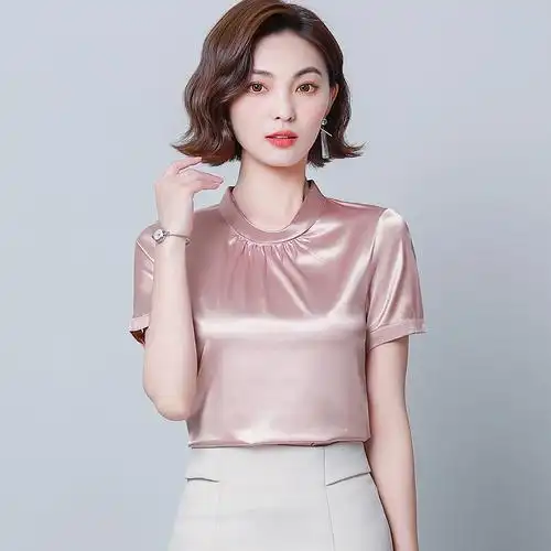 重磅真丝上衣女短袖桑蚕丝衬衫小衫杭州夏欧货洋气时尚缎面t恤