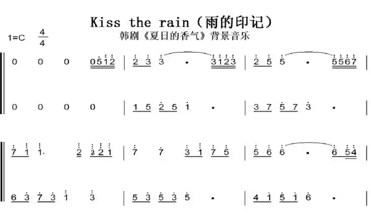 雨的印记 c大调 初学者 简易好听版 钢琴双手简谱 钢琴谱 钢琴简谱