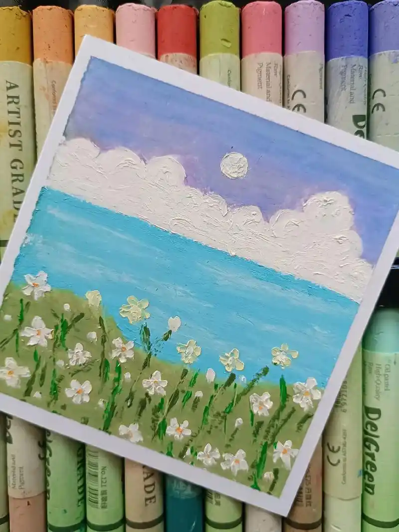油画棒|寻花宴-5 附简单步骤.草地是用刮刀和油画棒混合画上 - 抖音