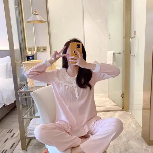 睡衣女秋季长袖坑条甜美可爱蕾丝公主风韩版学生家居服套装 - 17网