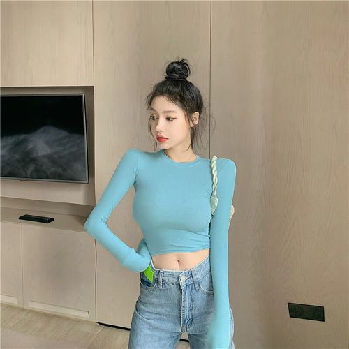 宁墅露肚脐上衣长袖漏肚子短款t恤体恤露脐短款t恤韩系性感贴身高腰长