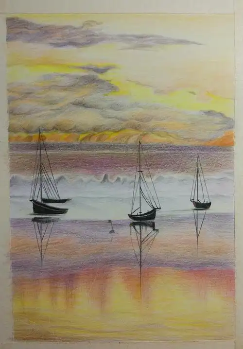 彩铅海上日出过程分享18