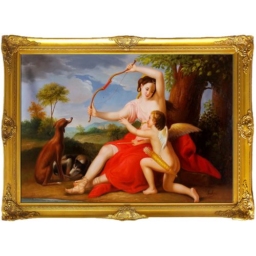 纯手绘戴安娜和丘比特装饰画欧式油画客厅壁画希腊圣话狗天使挂画