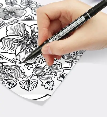 得力描线笔勾线笔儿童美术绘画专用黑色大小细头双头油性记号笔粗_不