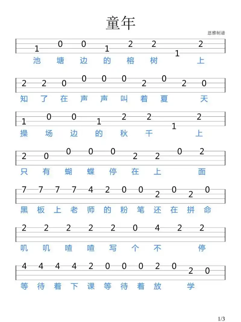 《童年》罗大佑/尤克里里新手指弹谱 "小时候渴望着长大,长大了却怀念