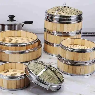 家用不锈钢圆形蒸屉包边蒸笼竹制小笼包蒸饺子馒头蒸屉蒸格竹篦子