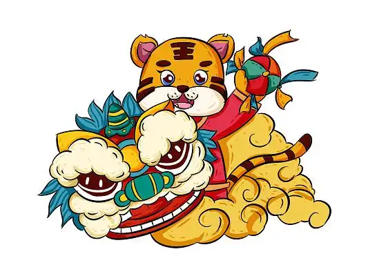 彩色手绘国潮古风中国风老虎舞狮新年虎年元素png素材
