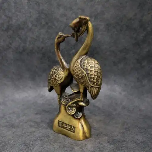 黄铜如意雌雄双鹤摆件铜仙鹤一对嘴叼如意家居铜制工艺品结婚礼品优惠