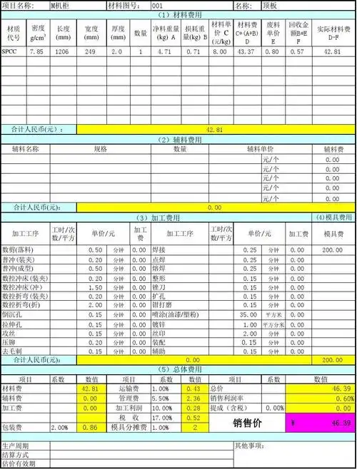 钣金报价计算表