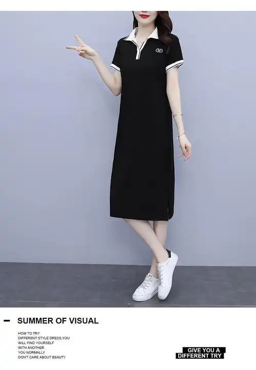 2021年夏季新款polo领时尚休闲运动t恤裙女宽松翻领短袖连衣裙女 - 17