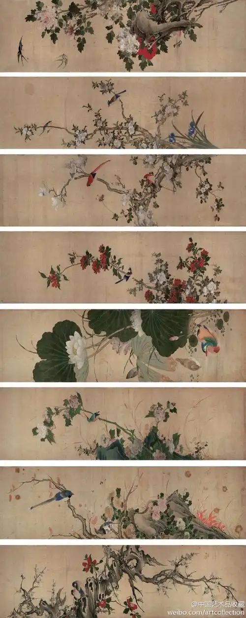 此花鸟屏绘四季花卉:春桃,夏荷,秋菊,冬梅,配以四时禽鸟.