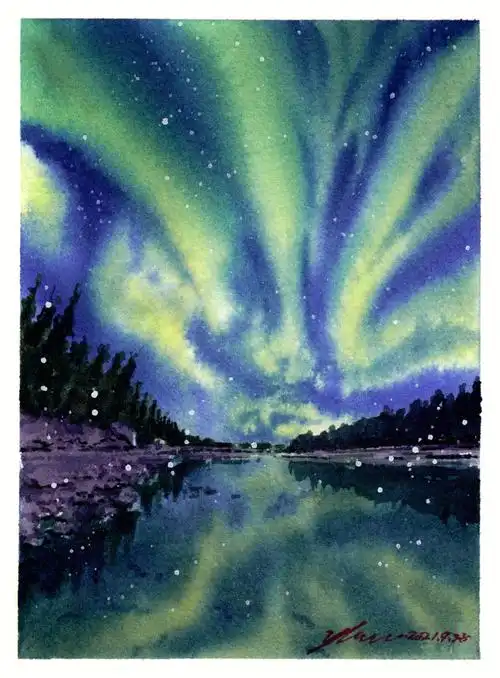 水彩过程黑夜极光肆意掠夺长空