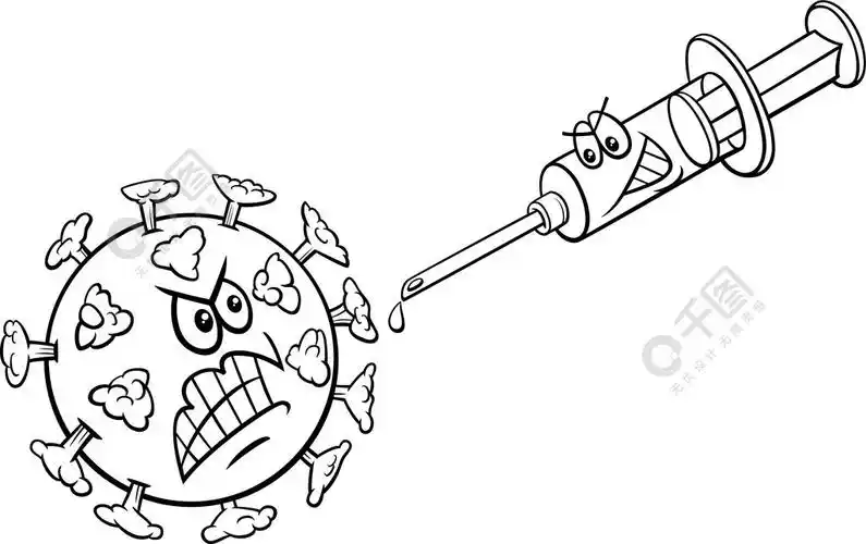 注射器着色书页中冠状病毒和疫苗的黑白卡通插图
