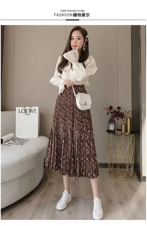 小个子碎花半身裙女秋冬2019年新款韩版高腰加厚百褶裙超仙女裙子