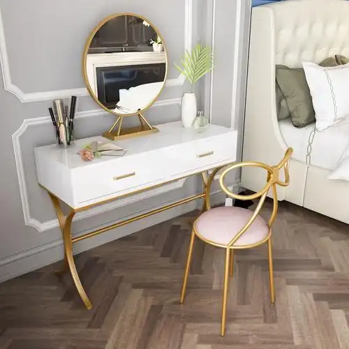 北欧卧室铁艺梳妆台美容店摄影楼化妆桌椅双抽屉简易迷你梳妆桌子
