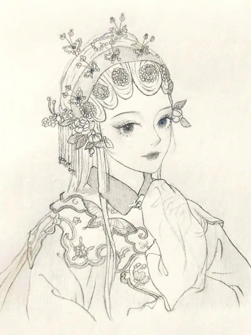 线稿教程~含步骤 画的这位小姐姐的戏曲造型  画的不好 轻喷 78手绘