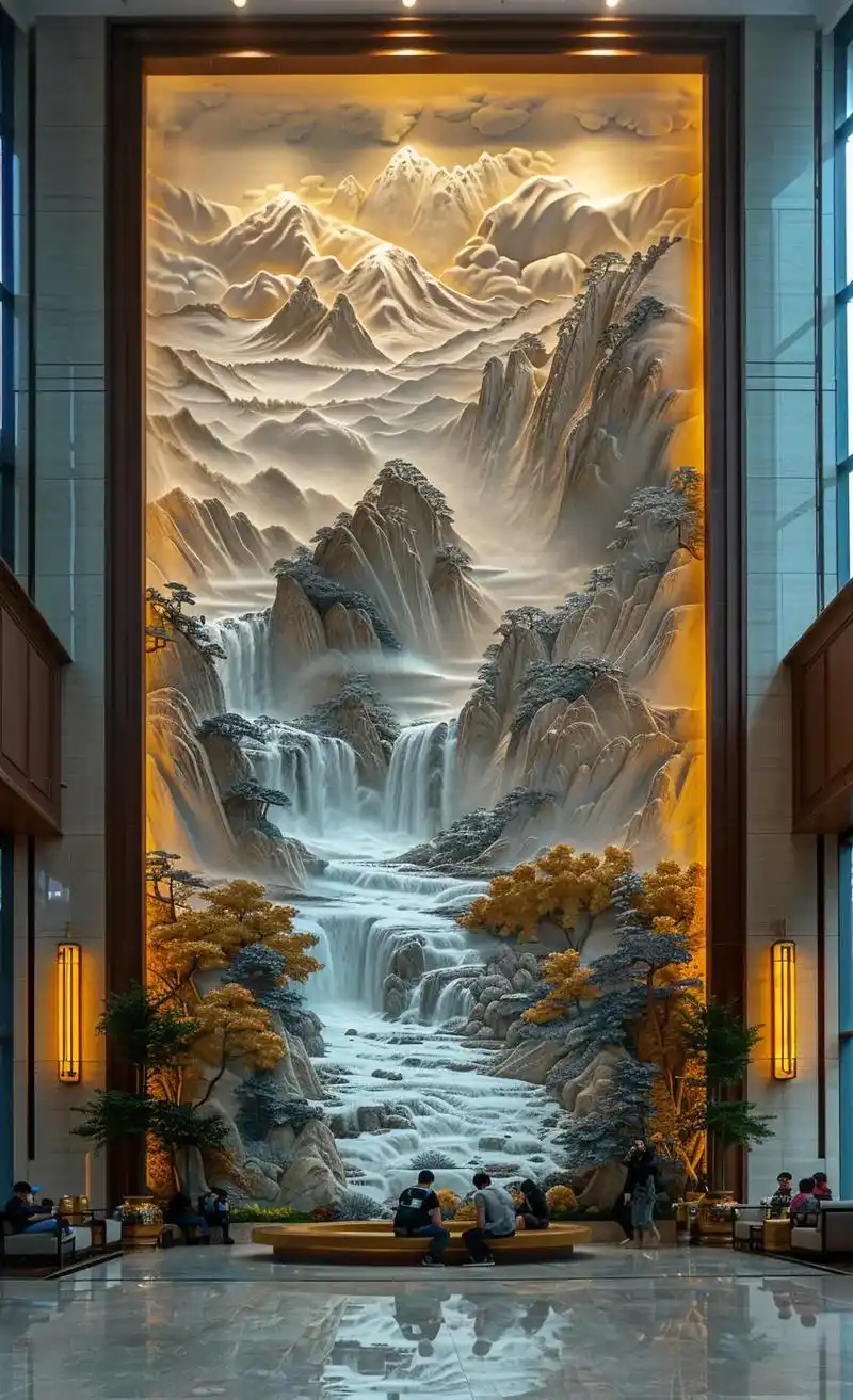 酒店背景墙山水浮雕壁画设计