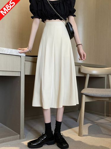 2020纯色半身裙中长米色垂感高腰显瘦a字裙女春夏季黑色裙子长裙