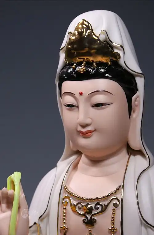 微美德化陶瓷14吋坐全莲笑脸观音佛像摆件家居供奉彩绘观世音菩萨白衣