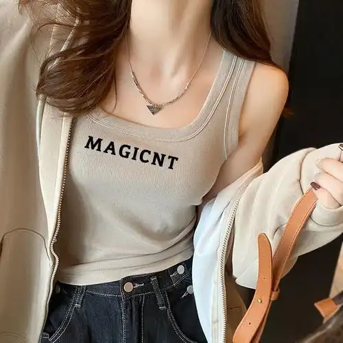 新款方领宽肩夏季新款吊带字母背心女内搭外白色打底修身无袖上衣