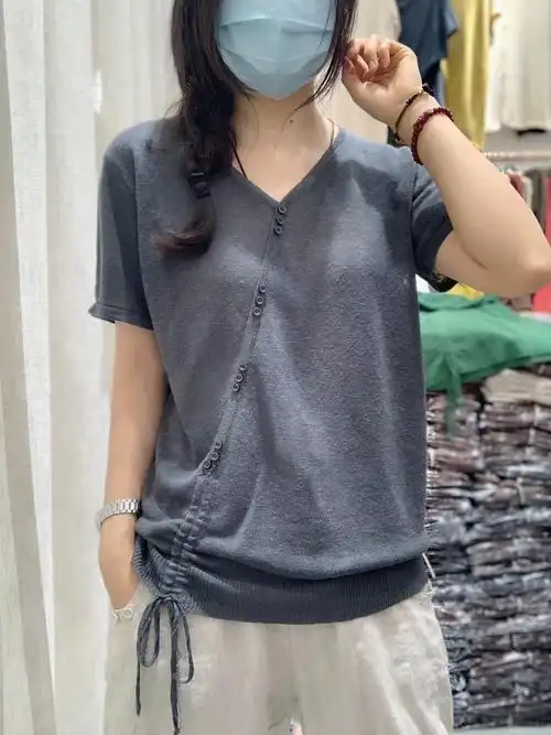 夏季新款棉麻针织短袖宽松休闲亚麻t恤打底衫女文艺百搭显瘦上衣