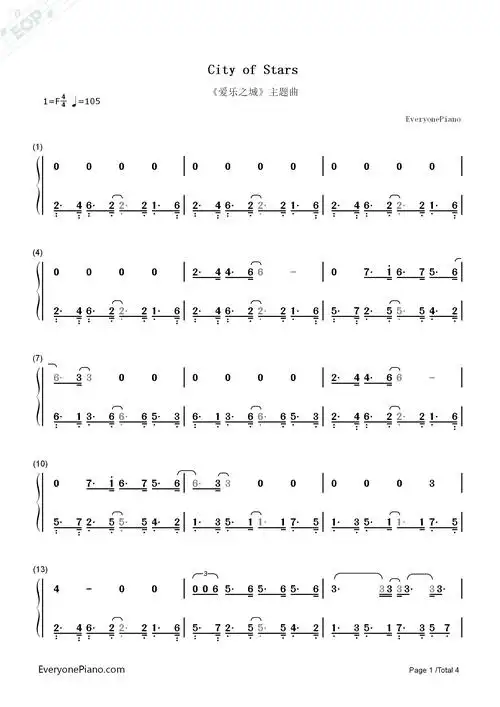 city of stars-电影《爱乐之城》主题曲双手简谱预览1