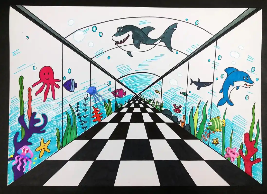 儿童画《海洋馆》小朋友们你们心中的海洋馆是怎么样的,快来画一 - 抖
