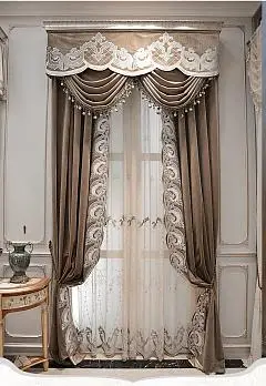 别墅高窗法欧式大气法式客厅卧室奢华餐厅高档绣花窗帘定制圣蒂斯-t