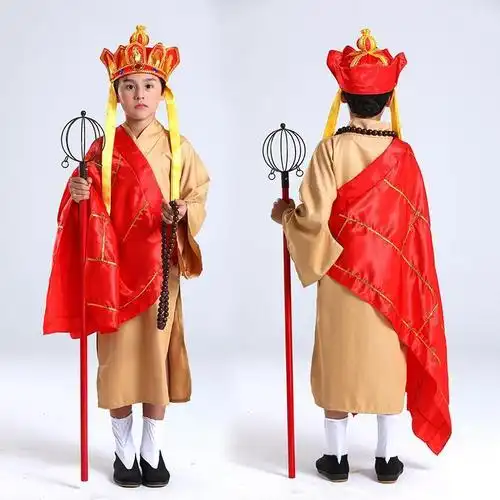 唐僧服装送佛珠110cm西游记角色扮演唐僧服装儿童袈裟帽子禅杖唐僧