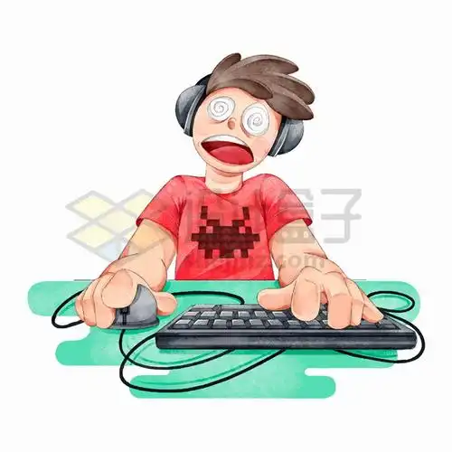 玩电脑游戏玩得头昏眼花的宅男游戏上瘾水彩插画png图片素材